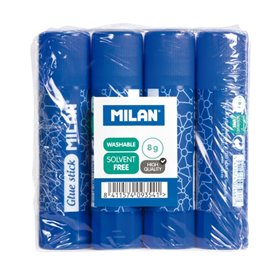 Pacote com 4 bastões de cola Milan de 8g - Multiuso - Multissuperfícies - Sem solvente - Uso escolar - Azul