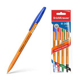 Conjunto de 4 canetas Erichkrause R-301 Orange Stick, ponta 0.7mm, corpo hexagonal opaco, tinta de secagem rápida, cor azul.