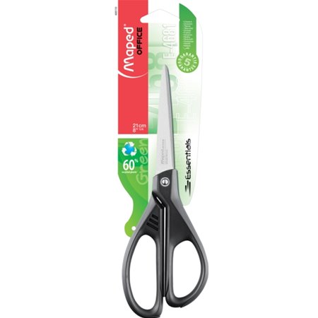 Tesoura assimétrica Maped Essentials de 21 cm em aço inoxidável - Lâminas afiadas - Cabos feitos com 60% de plástico reciclado -