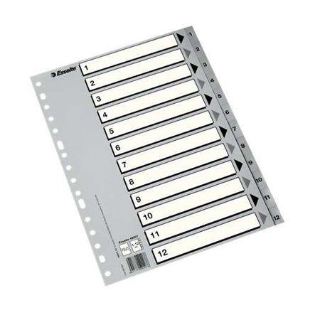 Índice Numérico de Plástico Esselte - Abas de 1 a 12 - Furação Múltipla - Formato A4 - Cor Cinza