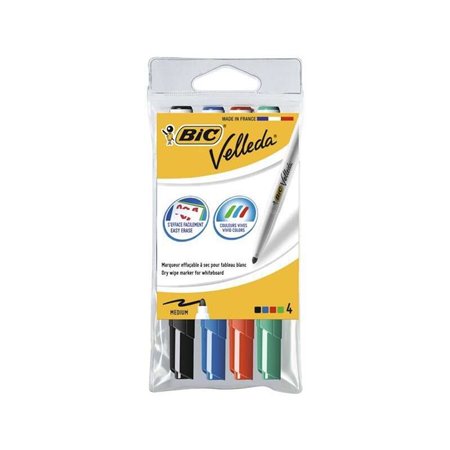 Marcadores para quadro branco Bic Velleda 1741, pacote com 4 unidades - Ponta média - Espessura da linha de 1,4 mm - Apagamento 