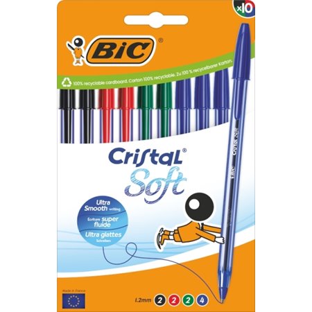 Canetas Esferográficas Bic Cristal Soft, Pacote com 10 - Ponta Média de 1,2 mm - Traço de 0,45 mm - Escrita mais suave - Cores s