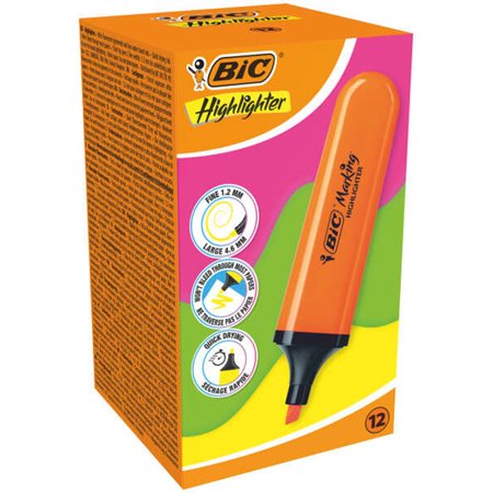 Marcador de texto fluorescente Bic com ponta chanfrada, espessura da linha entre 1,70 e 4,80 mm, tinta à base de água, cor laran