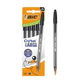 Conjunto de 5 Canetas Esferográficas Bic Cristal - Ponta Redonda de 1,6 mm - Traço de 0,6 mm - Tinta à Base de Óleo - Preta