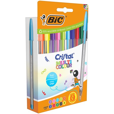 Conjunto de 20 canetas esferográficas Bic Cristal Multicoloridas - Ponta de 1,6 mm - Espessura da linha de 0,42 mm - Tinta à bas