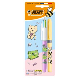 Kit Bic Decorações Kawaii com 4 cores, incluindo 1 caneta esferográfica retrátil pastel + 1 marcador de texto pastel com grip (c