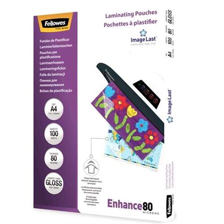 Pacote com 100 envelopes de laminação brilhantes Fellowes, tamanho A4 - 80 mícrons - Alta qualidade - Transparentes