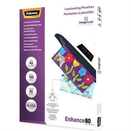 Pacote com 100 envelopes de laminação brilhantes Fellowes, tamanho A3 - 80 mícrons - Alta qualidade - Transparentes
