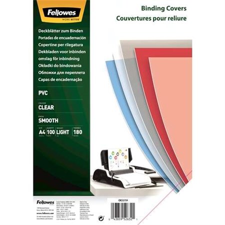 Pacote com 100 capas de encadernação Fellowes em PVC, tamanho A4, 180 mícrons - Transparentes