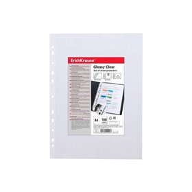 Pacote com 100 capas plásticas transparentes brilhantes Erichkrause, tamanho A4, com 60 micras de espessura e 11 furos. Acabamen