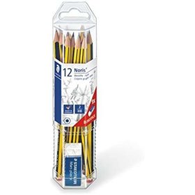 Staedtler Noris 120 - Pacote com 12 Lápis de Grafite Hexagonais + Borracha - Mina HB Ultrarresistente de 2mm - Madeira de Flores