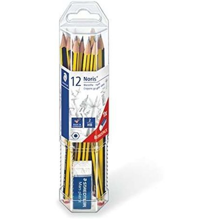 Staedtler Noris 120 - Pacote com 12 Lápis de Grafite Hexagonais + Borracha - Mina HB Ultrarresistente de 2mm - Madeira de Flores