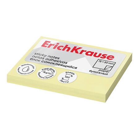 Bloco de notas adesivas ErichKrause com 100 unidades, 50x75mm - Removíveis - Amarelo Claro