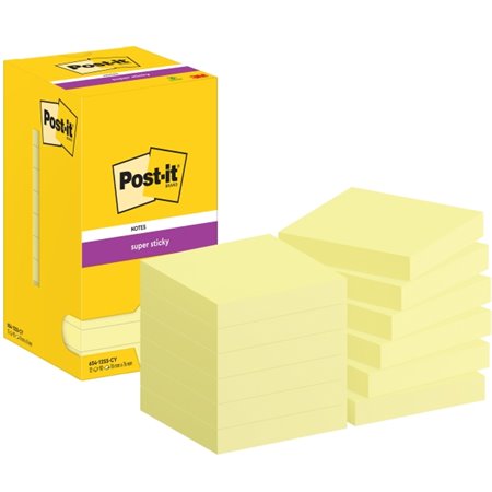 Post-it Super Sticky - Pacote com 12 blocos de 90 notas adesivas reposicionáveis cada - 76x76mm - Embalagem de papelão - Amarelo