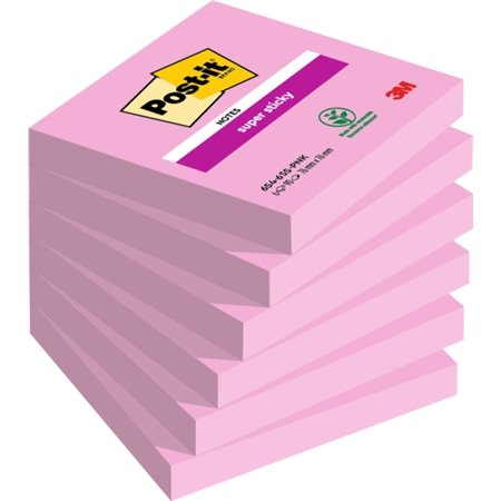 Post-it Super Sticky - Pacote com 6 blocos de 90 notas adesivas reposicionáveis cada - 76x76mm - 100% PEFC - Rosa