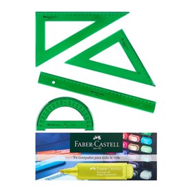 Conjunto de 4 réguas escolares Faber-Castell - Régua reta - Transferidor - Esquadro - Triângulo - Verde transparente