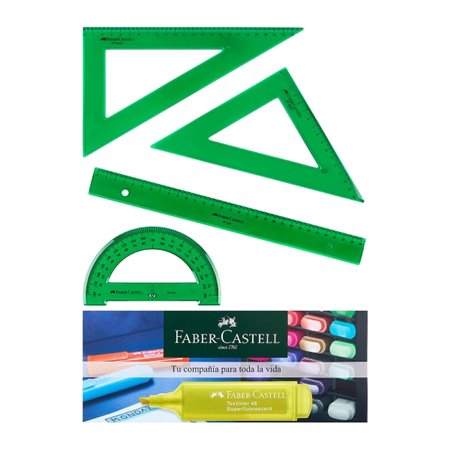 Conjunto de 4 réguas escolares Faber-Castell - Régua reta - Transferidor - Esquadro - Triângulo - Verde transparente