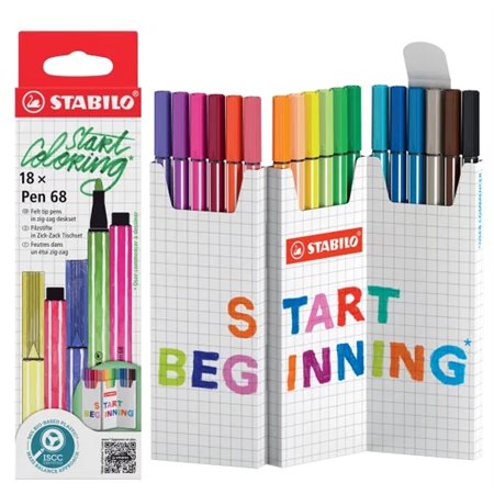 Stabilo Pen 68 - Pacote com 18 Marcadores de Ponta de Fibra - Espessura da Linha de Aprox. 1mm - Tinta à Base de Água - Cores So