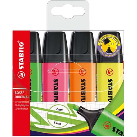 Stabilo Boss 70 - Pacote com 4 Marcadores Fluorescentes - Espessura da Linha entre 2 e 5 mm - Recarregáveis - Tinta à Base de Ág