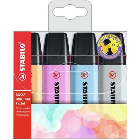 Stabilo Boss 70 Pastel - Conjunto com 4 Marcadores Fluorescentes - Espessura da Linha entre 2 e 5 mm - Recarregáveis - Tinta à B