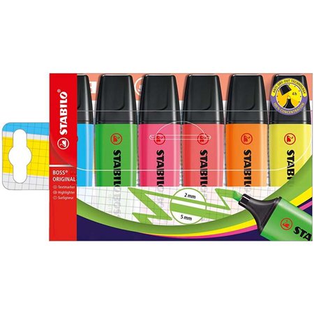 Stabilo Boss 70 - Pacote com 6 marcadores fluorescentes - Espessura da linha entre 2 e 5 mm - Recarregáveis - Tinta à base de ág