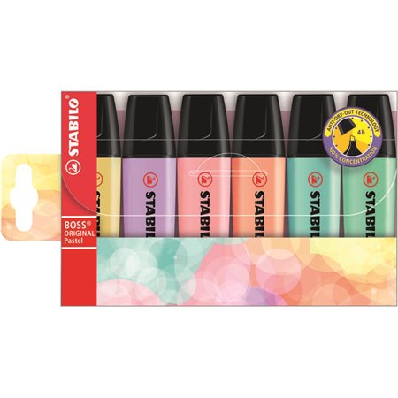 Stabilo Boss 70 Pastel - Conjunto com 6 Marcadores Fluorescentes - Espessura da Linha entre 2 e 5 mm - Recarregáveis - Tinta à B