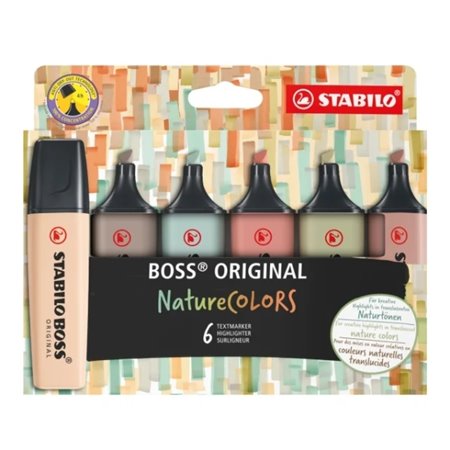Conjunto de 6 marcadores Stabilo Boss Naturecolors - Espessura da linha entre 2 e 5 mm - Tinta à base de água - Cores: Siena, Be