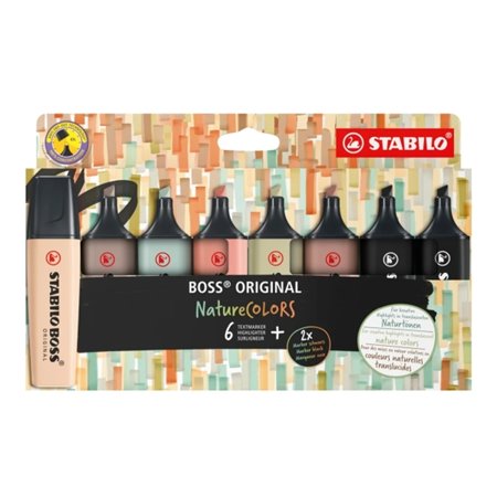 Conjunto de 8 marcadores Stabilo Boss Naturecolors - Espessura da linha entre 2 e 5 mm - Tinta à base de água - Cores: Siena, Be