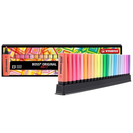 Kit com 23 Marcadores Fluorescentes Stabilo Boss Arty Line - Espessura da Linha entre 2 e 5 mm - Recarregáveis - Tinta à Base de