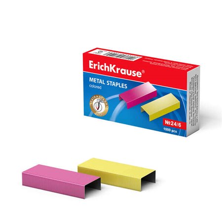 Caixa com 1000 grampos coloridos Erichkrause 24/6 - Fio de aço de alta qualidade - Resistência aprimorada - Cores sortidas