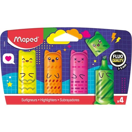 Kit Maped Kawaii com 4 Mini Marcadores Fluorescentes Neon - Desenhos Kawaii Divertidos - Espessura do Traço de 1 a 5 mm - Ideal 
