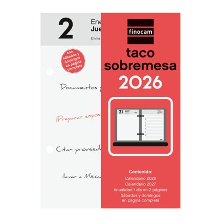 Bloco de mesa Finocam - Anual 2026 - 85x35x120mm - Mesa - Branco e Vermelho