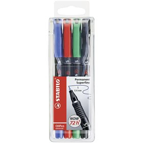Kit com 4 Marcadores Permanentes Stabilo OHPen - Ponta Super Fina - Largura da Linha 0,4 mm - Empunhadura Antiderrapante - Tampa