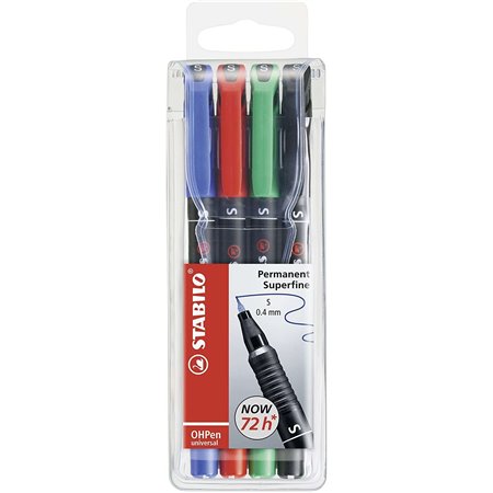 Kit com 4 Marcadores Permanentes Stabilo OHPen - Ponta Super Fina - Largura da Linha 0,4 mm - Empunhadura Antiderrapante - Tampa