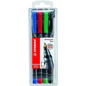 Kit com 4 Marcadores Permanentes Stabilo OHPen - Ponta Fina - Largura da Linha 0,7mm - Empunhadura Antiderrapante - Tampa Ventil