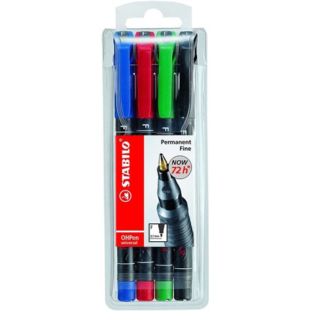 Kit com 4 Marcadores Permanentes Stabilo OHPen - Ponta Fina - Largura da Linha 0,7mm - Empunhadura Antiderrapante - Tampa Ventil