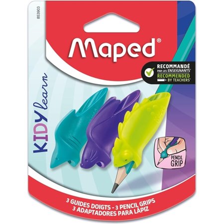 Conjunto de 3 Guias de Aprendizagem para Lápis Maped Kidy - 3 Modelos: Tubarão, Camaleão e Coelho - Adequado para a maioria dos 
