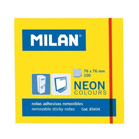 Bloco de notas adesivas Milan com 100 unidades - Removíveis - 76 mm x 76 mm - Amarelo Neon