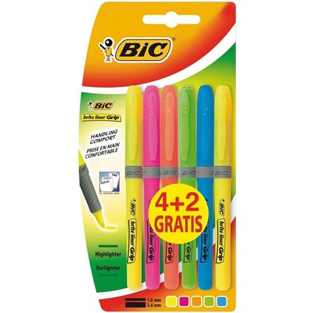 Bic Brit Liner Grip Pacote com 6 Marcadores Fluorescentes (4+2) - Tinta à base de água - Ponta chanfrada - Espessura da linha en