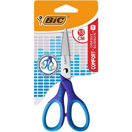 Tesoura escolar Bic Comfort em aço inoxidável, 13 cm - Cabo macio - Para destros - Cores sortidas (aleatórias)