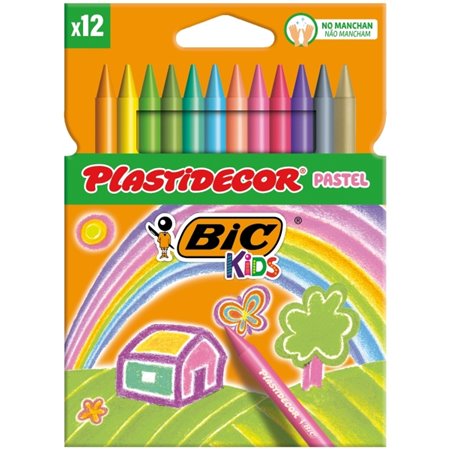Caixa de giz de cera Bic Kids Plastidecor Pastel com 12 unidades - Extra resistente - Fácil de apontar - Não mancha - Cores past
