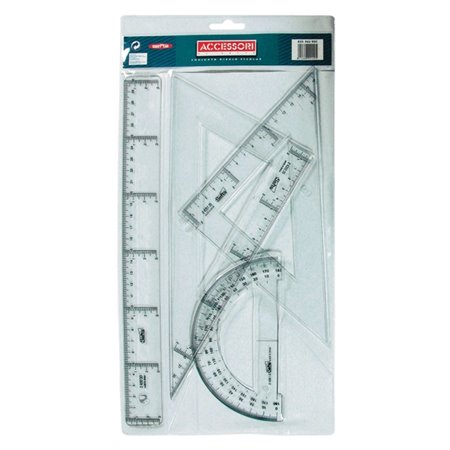 Conjunto de 4 réguas Safta - Régua de 30 cm - Esquadro de 25 cm - Triângulo de 25 cm - Transferidor - Borda chanfrada - Transpar