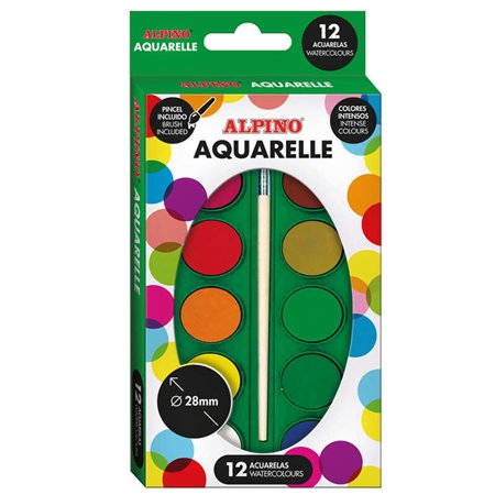 Conjunto de 12 aquarelas Alpino - 28 mm de diâmetro - Cores intensas - Inclui pincel - Cores sortidas