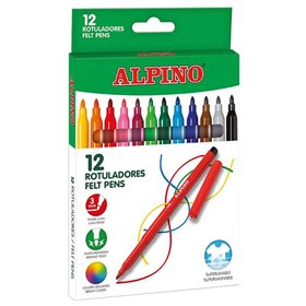 Kit Alpino com 12 Canetas Marcadoras Coloridas - Ponta de 3mm - Super Laváveis e com Cores Vibrantes - Uso Escolar - Desenvolve 