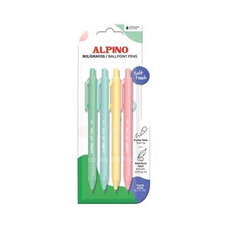Conjunto de 4 Canetas Pastel Alpino Soft Touch - Ponta de 1mm - Toque Suave - Tinta Azul - Cores Pastel Sortidas