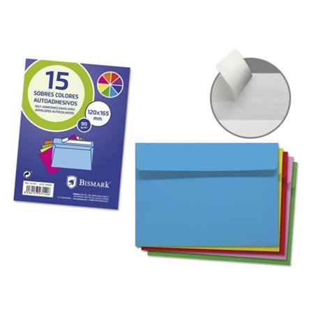 Pacote com 15 envelopes de papel Bismark, 90 g/m² - Dimensões 120 x 165 mm - Fecho autoadesivo - Cores sortidas