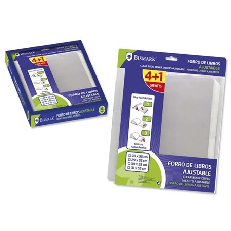Pacote com 5 capas para livros em polipropileno Bismark de 290 mm - Aba ajustável - Encapamento fácil em 3 etapas - Sem necessid