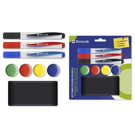 Conjunto Bismark com 3 marcadores para quadro branco + 4 ímãs + apagador - Cores sortidas