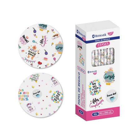 Rolo de Papel de Presente com Frases Bismark - Mede 70cm x 200cm - 2 Modelos Diferentes