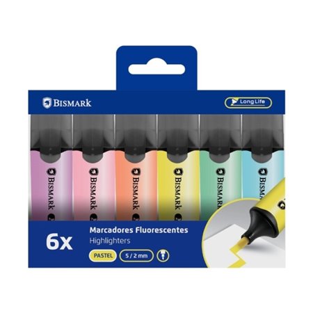 Kit com 6 Marcadores Fluorescentes Bismark de Longa Duração - Ponta Chanfrada de 2 a 5 mm (Aproximadamente) - Tinta à Base de Ág